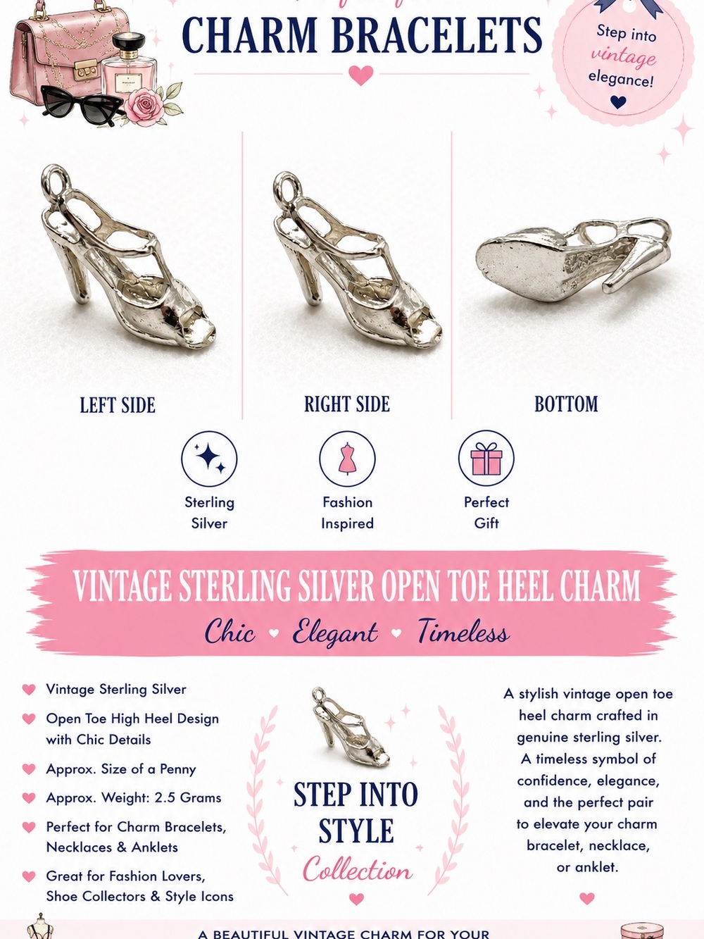 Vintage Sterling Silver Open Toe Heel Charm - Silver